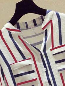 Áo sơ mi nữ dáng thường ngày, thoải mái, thanh lịch, kẻ sọc, cổ chữ V, có túi, cài nút, thích hợp cho mùa thu xuân. - Đỏ - Xem 6