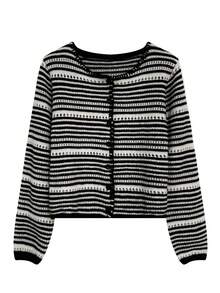 女士休闲黑白条纹拼接镂空针织开衫，时尚设计，宽松休闲上衣，女士秋季服装