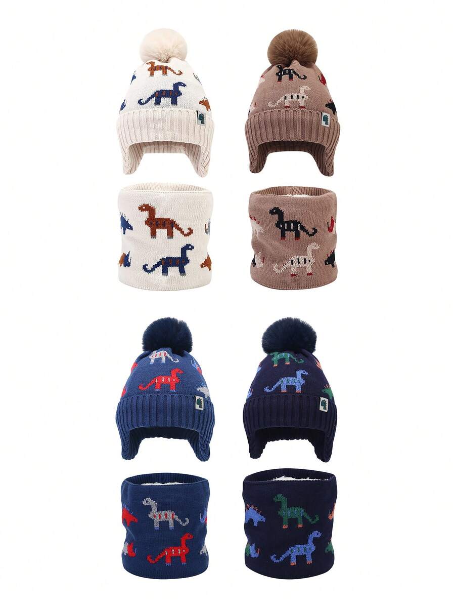 2pcs Kids Winter Hat & Scarf Set, Jacquard Dinosaur Pattern Knitted Beanie, Warm Earflap Hat For Boys & Girls - 2PC - View 1