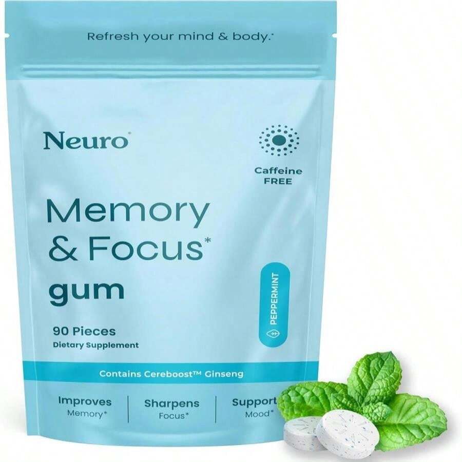 Neuro Memory &Amp; Focus Gum (90 Pieces) - Decaf &Amp; Sugar Free With American Ginseng, L Theanine, Vitamin B12 &Amp; Vitamin B6 For Mental Alertness - Brain Supplements For Memory And Focus - Peppermint Flavor - Flavor NameA - 查看 1