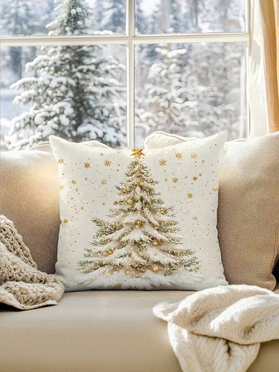 1/2/4 piezas, Funda de almohada con impresión de un solo lado, Funda de almohada con árbol de Navidad dorado, 17.7*17.7in, Funda de almohada decorativa para el hogar adecuada para sala de estar, sofá, dormitorio, sin relleno de almohada - Impresión plana 2D de un solo lado