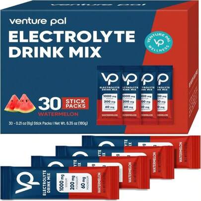 Paquete de polvo de electrolitos alto en sodio y sin azúcar Venture Pal - Paquetes de hidratación con vitaminas, sodio y potasio | Sin calorías | Bebida de electrolitos vegana, cetogénica y amigable con la dieta Paleo - 16 varitas