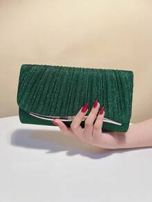 Green Merry Christmas Day Holiday Gift Bags Small Envelope Clutch Bag Color Classic Fashion Handbag Banquet Party Evening Bag Shiny Glitter Metal Chain Cross-Body Bag - Green - View 8