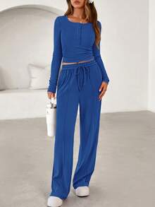 PRETTYGARDEN Women's Spring Fall 2 Piece Outfits Lounge Sets Long Sleeve Top Henley Shirts Wide Leg Pants Travel  Sweatsuit Set Women Clothes Home Clothes Going Out Outfits Sports Valentine Vacation Outfit For Women - 藍色 - 查看 6