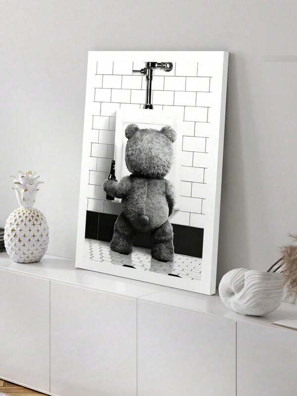 1pc Creative Bathroom Wall Art Funny Bathtub Animal Decor Painting, Nordic Black And White Framed Wall Hanging, No Frame