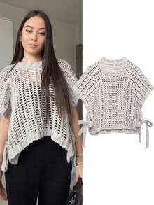 Pullover Knit Cropped Women's Sweater Tops Summer Female Crop Knitwears Short -Sleeved Elegant Knitted Top Fashion Ladies Sweater Autumn Outfits Women Winter Tops - Grey - View 11