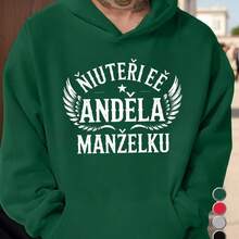 Letter  Graphic Men's Heavyweight 250-Gram Czech Angel Wife Print Hoodie - Black And White Pattern, Loose Casual Pullover Style, Front Pocket Design, Machine Washable Winter Warm Daily And Special Occasions, Czech Style Inspiration - Black - View 4