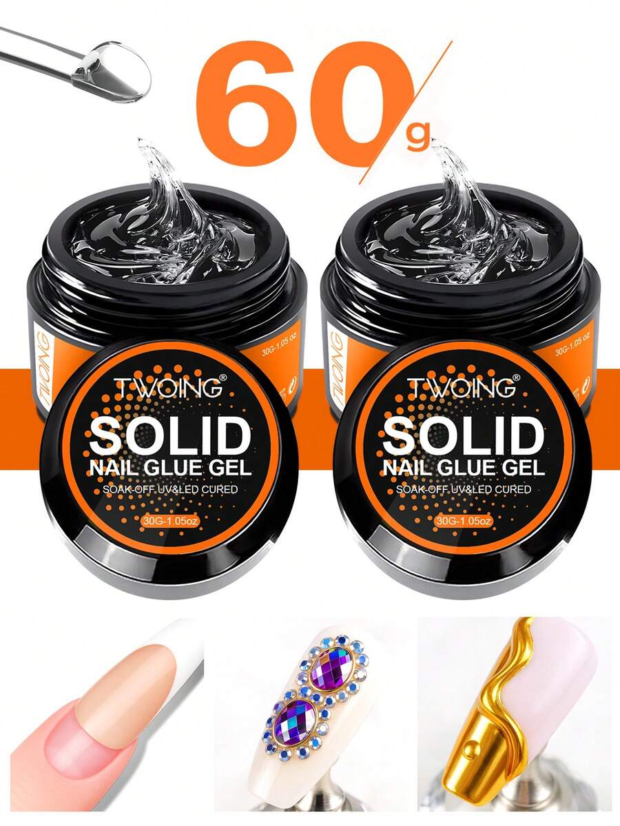 TWOING 2 Bottles Solid Nail Glue Gel Set, Extra Large Capacity Strong Adhesive For Press-On Nails, False Nail Tips & Rhinestones, UV Light Cured Multi-Use 3D Sculpting Gel For DIY Nail Art - 無色 - 查看 1