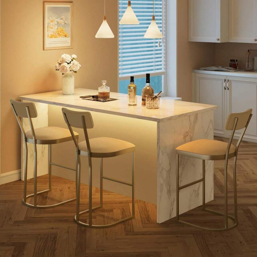 mteryoing Counter Height Bar Stools Set Of 2/4 - Modern Kitchen Breakfast & Pub Chairs With Upholstered Seats, Metal Legs And Armless Design For Home Bar, Dining Room - 金色-4PCS - 查看 1