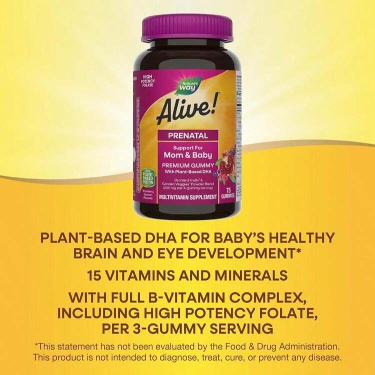 Nature's Way Alive! Prenatal Premium Gummy Multivitamin, High Potency Folate, Plant-Based DHA, Vegetarian, Strawberry And Lemon Flavored, 75 Gummies - 白色的 - 查看 3
