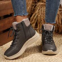 Bottes de neige décontractées pour femmes avec doublure en peluche, bout rond et fermeture éclair. Bottes chaudes et épaisses avec doublure thermique. Bottes d'hiver imperméables à tige courte et nouvelle cheville - Gris - Voir 4