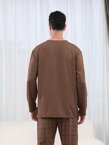 2 Stücke Herren Strick Pyjama Set, Langarm Hemd und lange Hose, kariertes Muster, lässige Loungewear