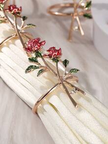 10pcs Floral Napkin Holder Charming Rose Design Reusable Serviette Ring For Weddings Valentine Day And Dinner Parties Elegant Table Decor Accessory - 玫瑰紅 - 查看 4