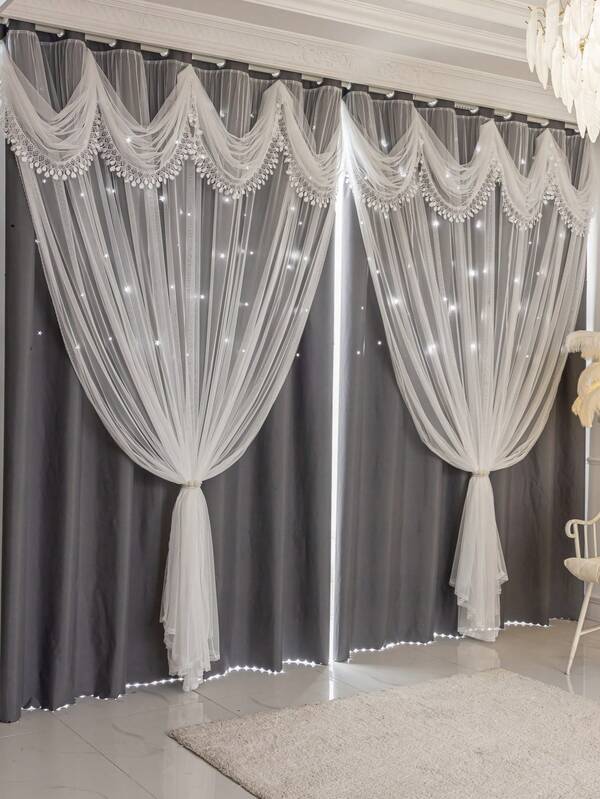 1pc Luxury Double Layer Hollow Star Blackout Curtains With Valance, Suitable For Living Rooms And Bedrooms.