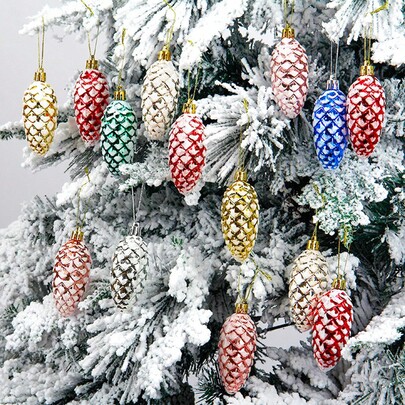 5 piezas de adornos de árbol de Navidad pintados con piñas de pino de colores mixtos, decoraciones navideñas