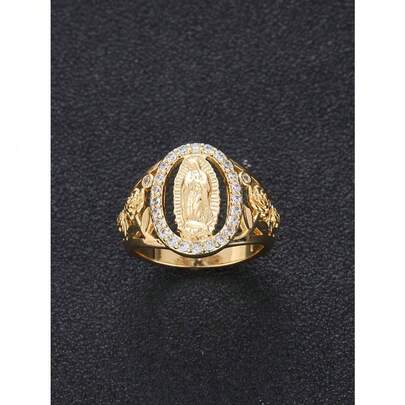 1pc Exquisite Virgin Mary Inlaid Shiny Cubic Zirconia Ring For Women Hip-Hop Daily Wear Couple Jewelry