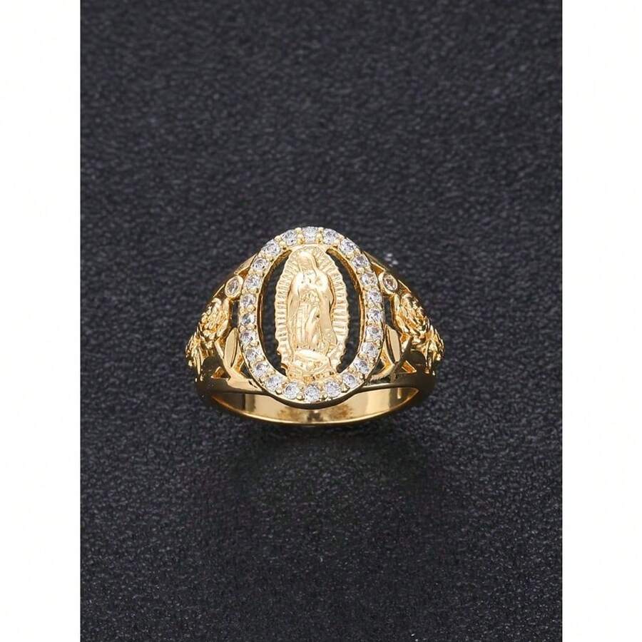 1pc Exquisite Virgin Mary Inlaid Shiny Cubic Zirconia Ring For Women Hip-Hop Daily Wear Couple Jewelry - 戒指 - 查看 1