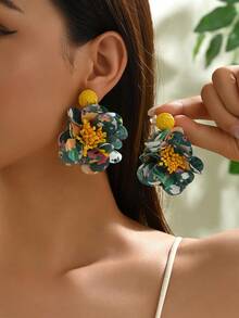 1 对花卉流苏耳环，甜美波西米亚风格渐变色拉菲草花吊坠耳环，适合海滩佩戴，时尚优雅耳环适合女性度假和日常佩戴（手工制作的花心和花瓣形状随机） - 黃色 - 查看 7