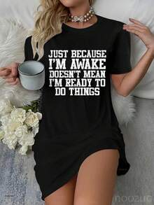 Just Because Im Awake Funny Saying Mom Women Men Dress Pajamas Sleepdress Nightshirt - 黑色 - 查看 1