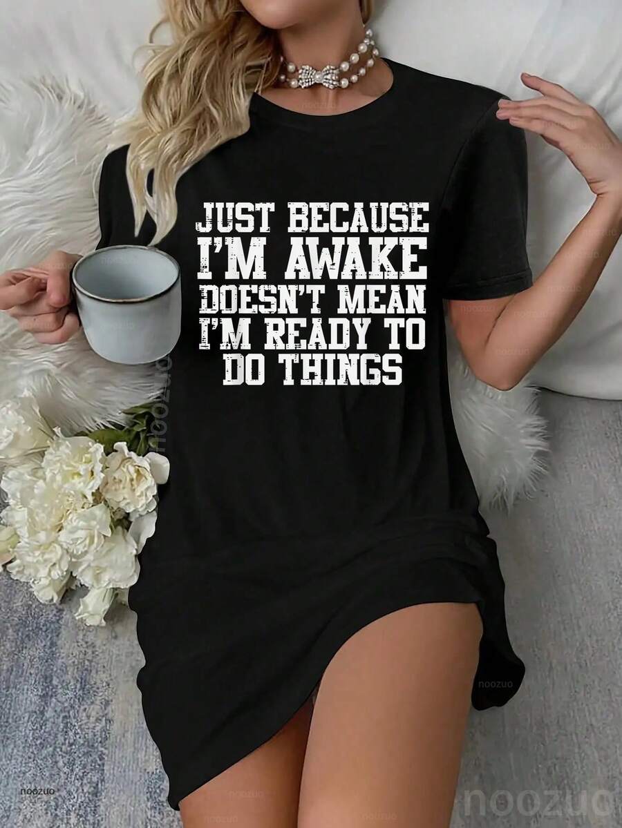 Just Because Im Awake Funny Saying Mom Women Men Dress Pajamas Sleepdress Nightshirt - 黑色 - 查看 1