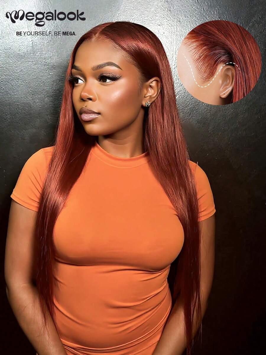 MEGALOOK Reddish Brown Silky Straight 13x6 Lace Front Wig - 100% Real Virgin Remy Human Hair Lace Front Wig Pre-Plucked Hairline Pre-Bleached Knots Pre-Cut Ear To Ear Transparent Lace Wig