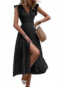 Long Beach Dress With Wrap Hem And Ruffle, Vacation Outfit For Women - Black - View 8