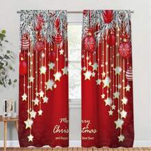 2 pièces Rideaux élégants avec motif d'étoile de boule de Noël rouge et or imprimé à plat, installation de tringle à poche, rideaux à impression numérique, matériau en polyester, convient pour le salon, la cuisine, la chambre, le bureau, la salle à manger, la décoration de la maison, la décoration de Noël