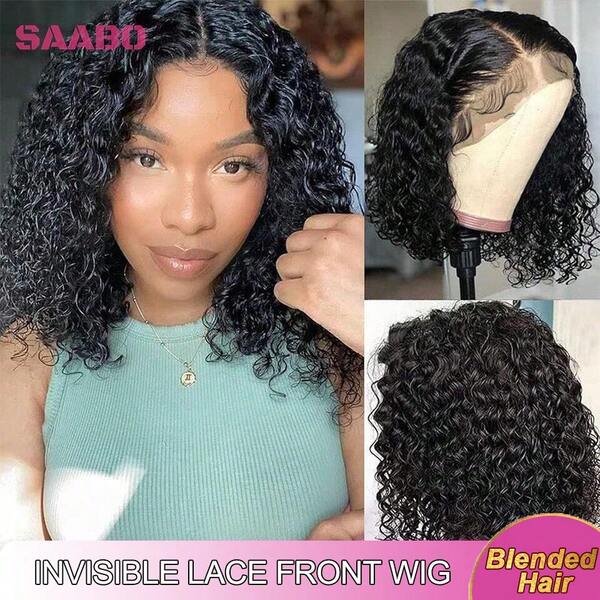 200% Dichte 13*4 Glueless Perücken aus Echthaar-Mischung, vorgerupft, tiefe Lockenwelle, Lace Front Perücken, vorgerupft HD Lace Front Perücken, tiefe Welle, gebleichte Knoten, Lace Closure Perücken, Echthaar-Mischung 200% Dichte, 10-14 Zoll Bob Perücke