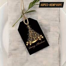 48pcs Christmas Black Gold Gift Tags With Hemp String – Festive Labels For Holiday Gift Wrapping, Christmas Tree Ornaments & Festive Home Decor, Ideal For Christmas Party Supplies - Multicolor - View 8