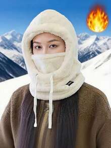 Women's Hooded Ski Face Mask, Wool Blend Hooded Ski Mask For Winter, Windproof Drawstring Balaclava Autumn Decor