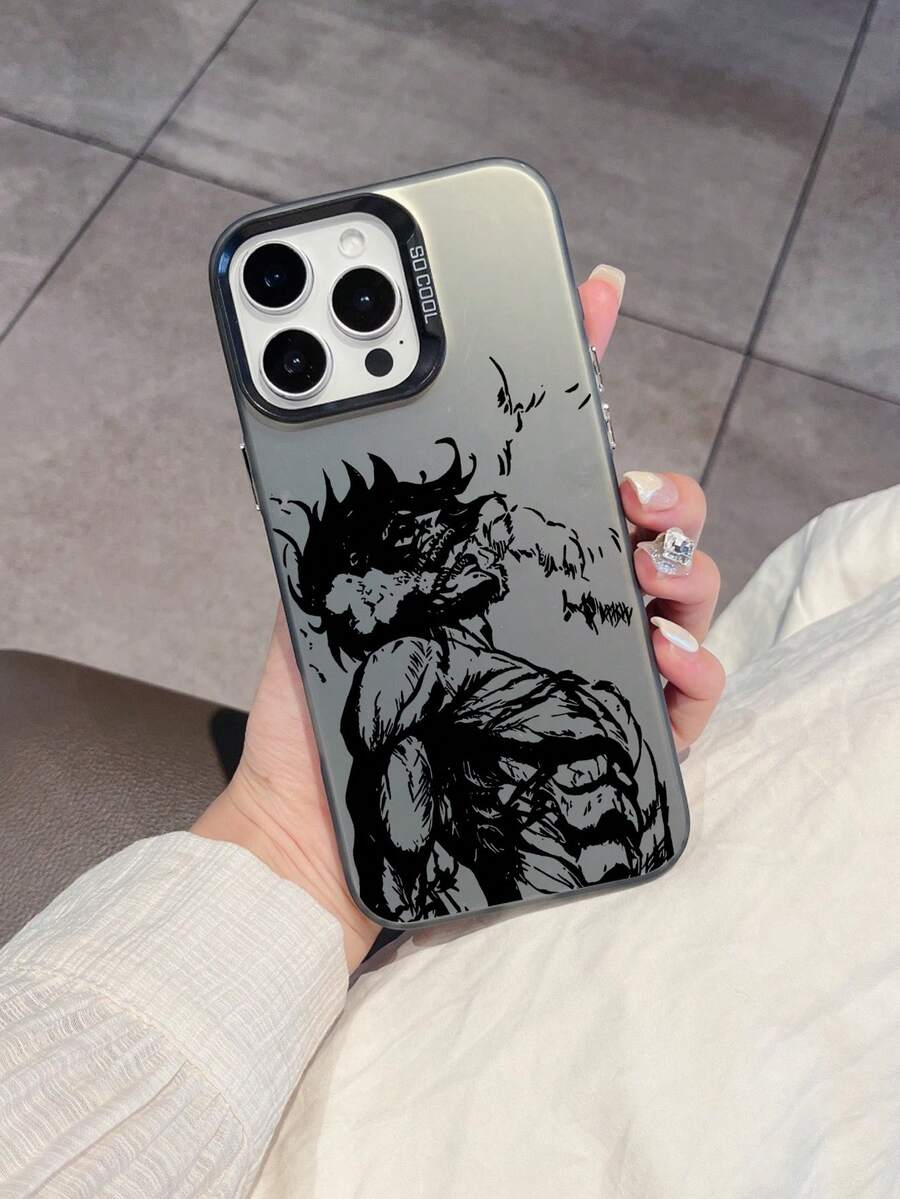 1pc Black Graffiti Anime Pattern Full Coverage TPU Shockproof Phone Case Compatible With IPhone 16, 15, 14, 13, 12, 11 Pro Max, And Series