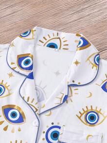 2 Potong Set Piyama Wanita, Motif Mata Tunggal, Pakaian Liburan Musim Gugur/Dingin, Set Piyama Atasan Lengan Pendek dan Celana Panjang - Berwarna merah muda - View 6