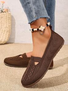 Women's Knitted Hollow-Out Breathable Yet Unique Slip-On Casual Flat Shoes, Relaxed, Comfortable And Stylish For Daily Wear