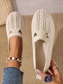 Women's Knitted Hollow-Out Breathable Slip-On Casual Flat Shoes, Relaxed, Comfortable And Stylish For Daily Wear
