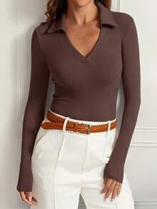 Women's Long Sleeve V-Neck Polo Shirt, Business Casual Collared Workwear, Slim Fit Basic Style, Autumn 2025 Spring - Coffee Brown - View 3