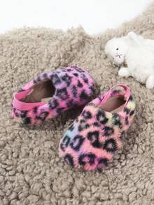 1 Pair Kids Plush Lined Slip-On Warm Shoes, Colorful Leopard Heart Design, Suitable For Elementary & Middle School Students, Boys & Girls Furry Slippers, Plush Lined Shoes, Autumn/Winter New