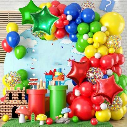 134 globos de látex de colores vibrantes rojo, amarillo, azul, verde y blanco, junto con globos de foil en forma de estrella roja y verde - Perfecto para fiestas de cumpleaños, celebraciones de adultos, aniversarios y talla grande - Decoraciones de fiesta duraderas, globos de cumpleaños, decoraciones navideñas