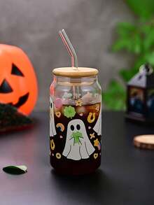 1pc Halloween Soda Cup High Borosilicate Glass Straw Cup Bamboo Lid Water Cup Heat Resistant Ins Style Glass Cup