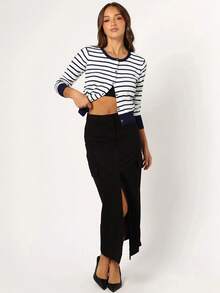 Striped Cardigan Sweater For Women Fall/Winter Sweaters For Christmas - Navy Blue - View 6