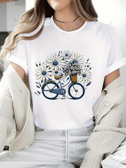 Women's 180g Cotton T-Shirt, Round Neck, Short Sleeves, White, With A Vintage Bicycle And Daisy Print, Perfect For Summer, Casual And Comfortable Style, Ideal For Combining With Jeans And Jackets, Unique And Modern Design For Young People And Adults Looking To Stand Out With Logical And Versatile Fashion.