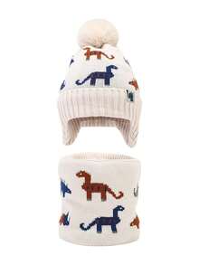 2pcs Kids Winter Hat & Scarf Set, Jacquard Dinosaur Pattern Knitted Beanie, Warm Earflap Hat For Boys & Girls - 2PC - View 16