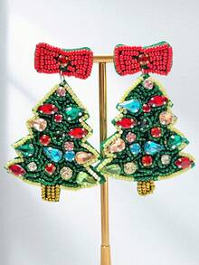 1 Pair Of Vintage Handmade Beaded And Rhinestone Christmas Tree Earrings For Women, Perfect For The Holidays
