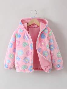 Girls' Warm & Soft Printed Fleece Reversible Long Sleeve Hooded Zip-Up Cardigan, Fashion Jacket For Autumn/Winter - Pink - View 5