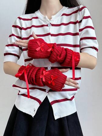 1 Pair Autumn/Winter Knitted Arm Warmers, Christmas & New Year Red Gloves Gift, Cute Bow Decor Finger-Less Mittens For Women, Cozy