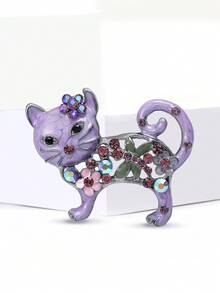 复古花卉猫咪胸针，镶嵌闪亮水钻 - 奇思妙想的猫咪别针，可用于外套/包包装饰和爱猫人士的礼物 - 貓(0462) - 查看 15