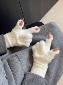 1 双柔软蓬松半指手套，长款保暖，冬季保暖臂套，分指手套，冬季貂皮触摸屏手套，日式可爱简约时尚 - 白色 - 查看 1