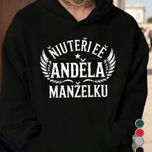 Letter  Graphic Men's Heavyweight 250-Gram Czech Angel Wife Print Hoodie - Black And White Pattern, Loose Casual Pullover Style, Front Pocket Design, Machine Washable Winter Warm Daily And Special Occasions, Czech Style Inspiration - Black - View 2