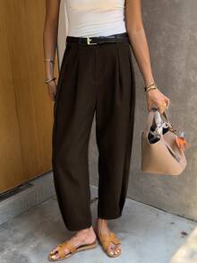 女士休闲纯色宽松褶皱灯笼镰刀裤，及踝长度 - 咖啡 - 查看 4