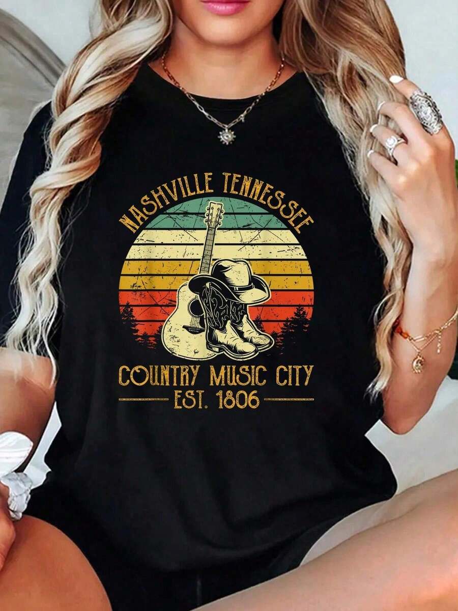 100% Cotton T Shirts Guitar Guitarist Nashville Country Music City T-Shirt Breathable & Comfort Fit Tee Women,Short Sleeve Crew Neck Top For All Seasons,Graphic Tees Women Tops,Valentine's Day,Valentine Outfits For Women,Vacation Outfits Women,Mardi Gras Outfit Women,St Patrick's Day,Rave Outfits For Womengalentine - Black - View 1