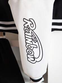 مجموعة جاكيت بيسبول وتنورة مطبوع عليها حرف للفتيات الصغيرات، ملابس رياضية كاجوال، موسم الخريف/الشتاء، 2 قطعة/طقم - الأسود - مشاهدة 8